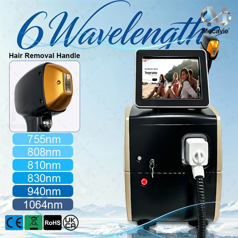 Mecavie 6 Wavelengths Diode Laser Hair Removal Machine 755-1064nm, Ice Cooling Painless Permanent Depilation, For Beauty Salon
