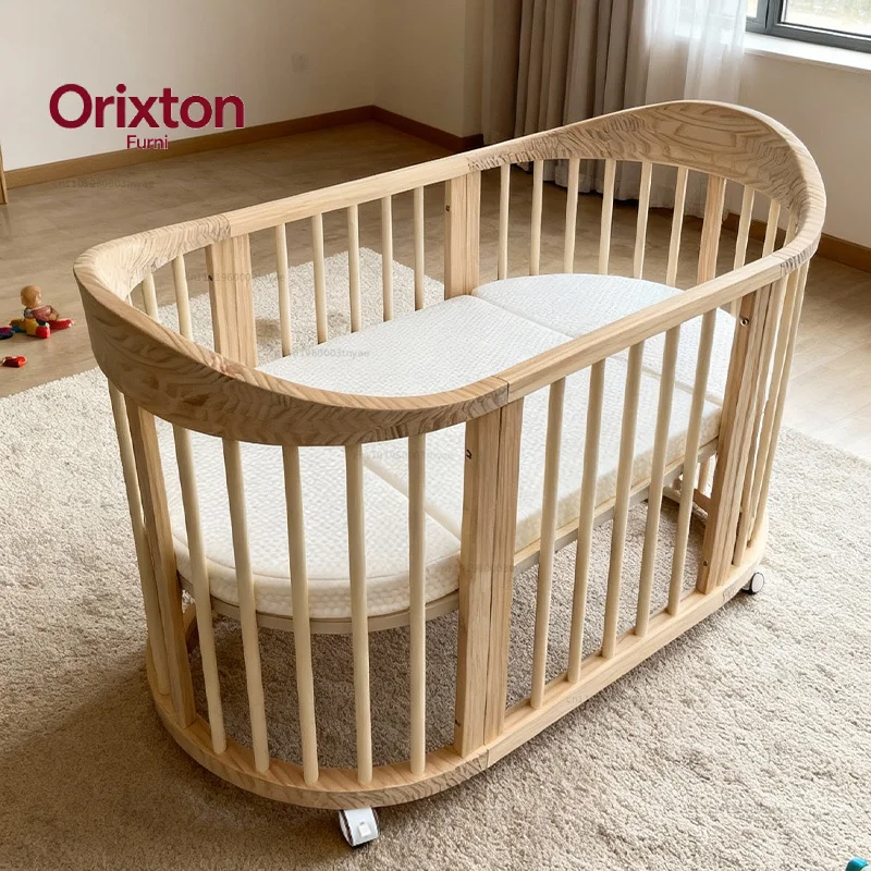Modern Cozy Furniture Cot Convertible Newborn Kids Crib Round Beds Oval Shaped Solid Wood Bed