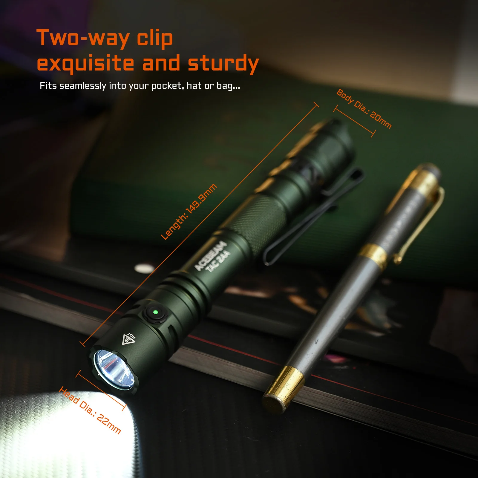 ACEBEAM Fashlight TAC 2AA LED 1600 Lumen 181 Meters Portable EDC Flashlight USB-C Rechargeable Battery Double Buttons Torch