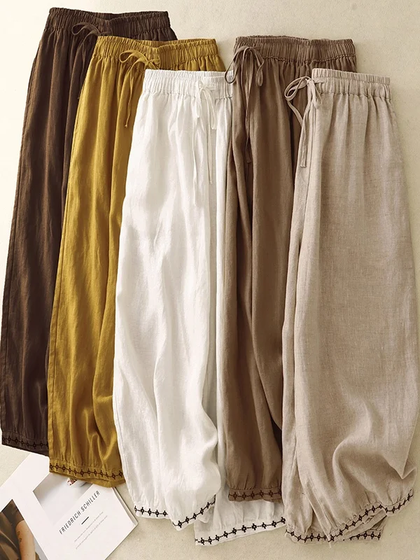 

Retro Embroidered Lantern Pants Loose Fit Casual Cotton Linen Women's plus Size Elastic Waist Belted Slimming Nine-Piece Summ...
