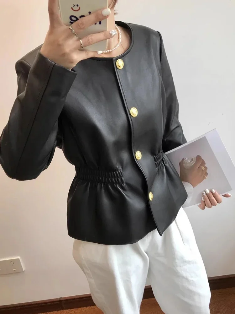 Cropped Women's Genuine Leather Jacket Spring Autumn 2024 Trend High-end Single Breasted Slim O-neck Elegant Sheepskin Coats