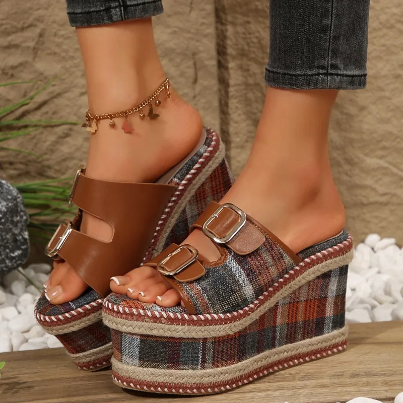 Spliced Fabric Wedge Slippers Summer New Round Toe Open Toe Platform Metal Buckle Non-slip Wear-resistant High Heels