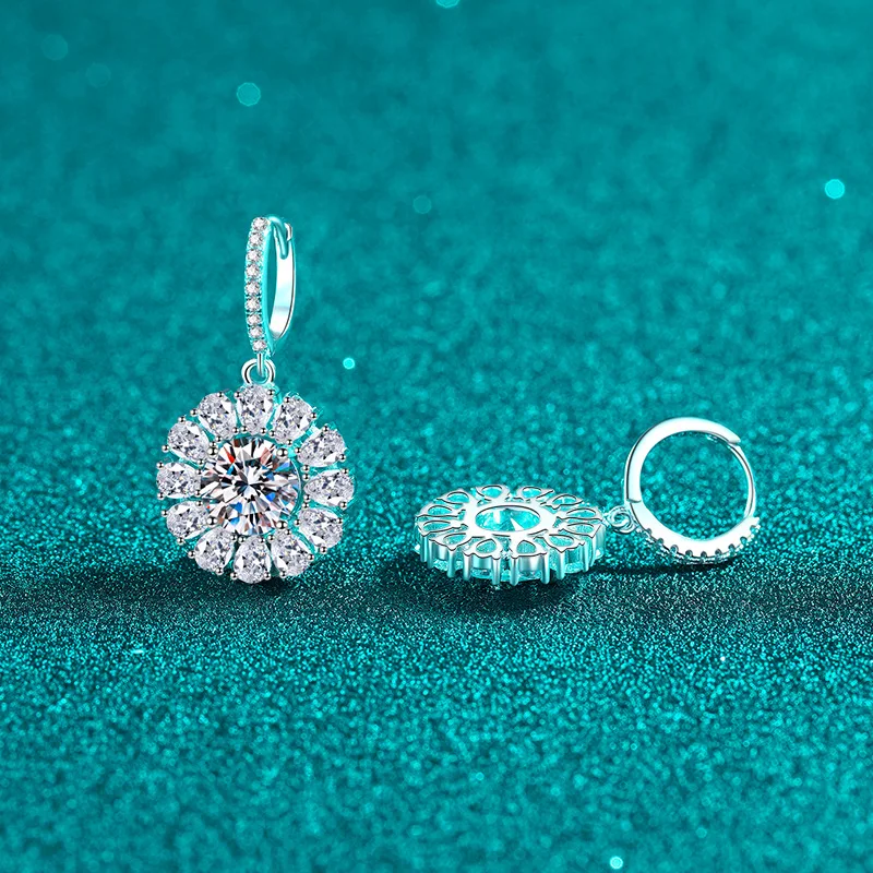 Platinum Pt950 Sunflower Drop Earrings 2 Carat Moissanite with Pear Shaped Zircon Surround, Luxurious Ear Fine Jewelry
