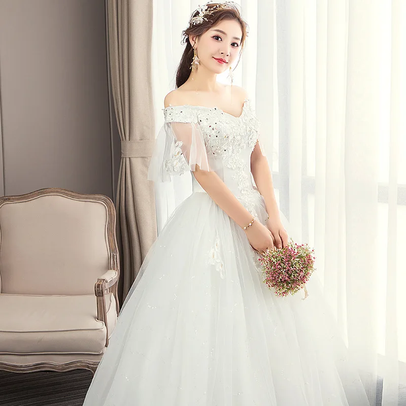 Es Yiiya vestido de novia blanco con apliques de cuentas, hombros descubiertos, cordones, Princesa, longitud hasta el suelo, talla grande, vestido de baile de novia, FH094