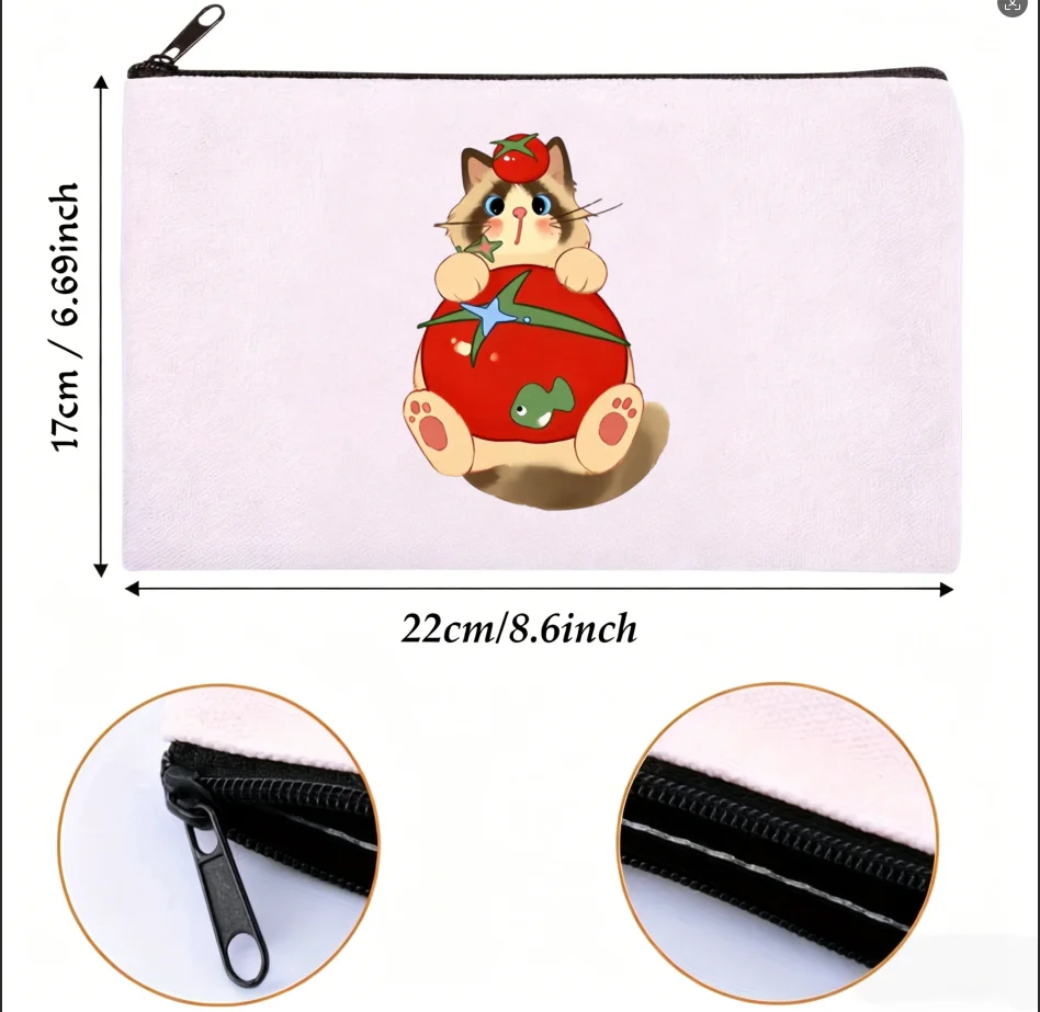 1PC Cartoon Cat Tomato Fish Graphic Plain Print Canvas Cosmetic Bag Portable Zipper Storage Pouch