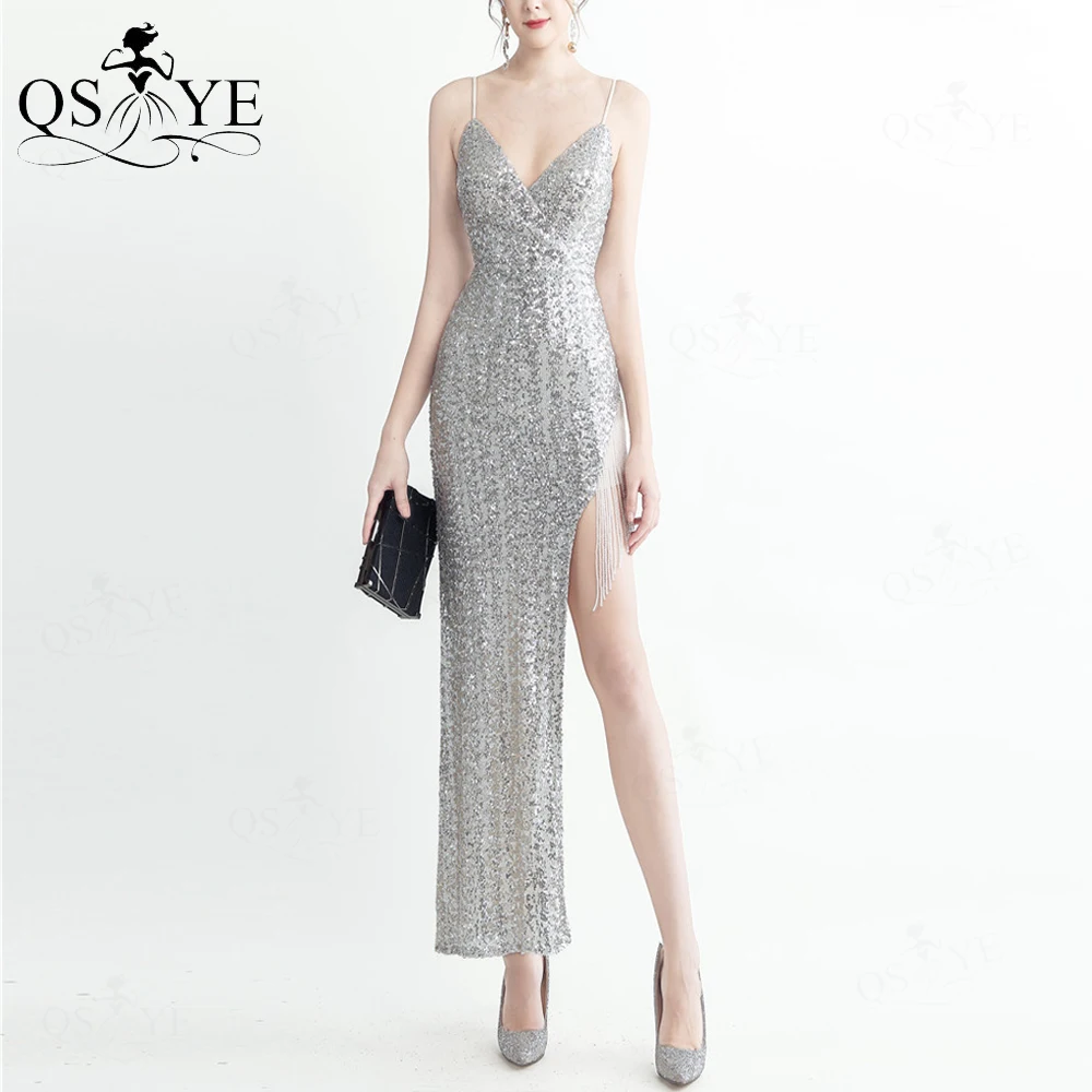 

Sexy Silver Prom Dresses Gird Sequin Split Beading Tassels Party Dress Spaghetti Straps V Neck Woman Evening Gown Ankel Length