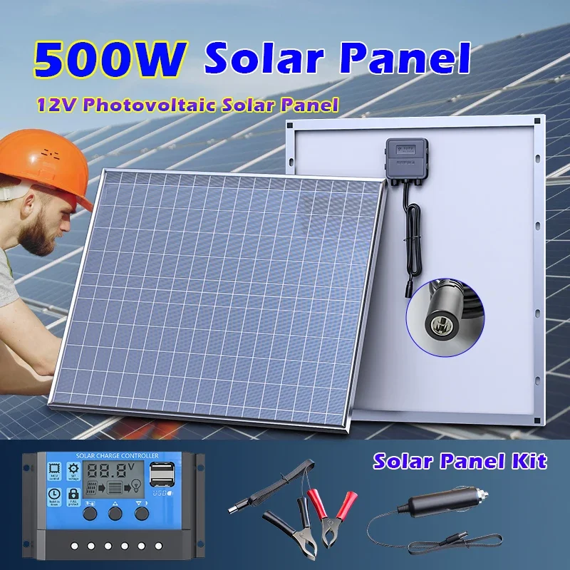 500W 12V Solar Panel Household Photovoltaic System with Controller,High‑Efficiency Solar Cell for Home,Camping,Vehicle &Boat Use
