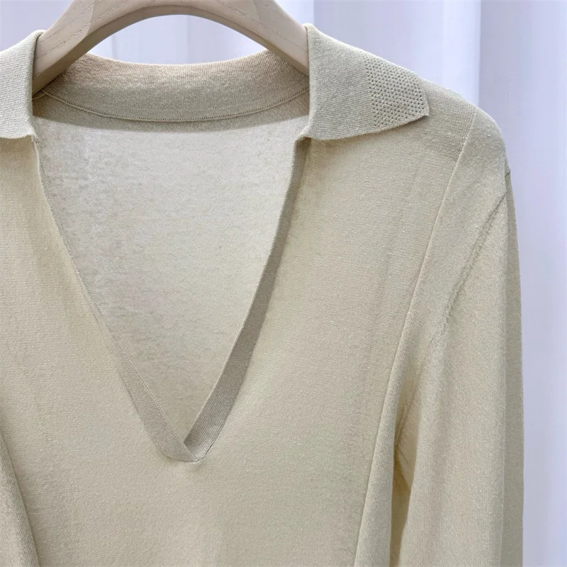 Sweater wanita Rajutan elastis baru model slim fit lengan panjang untuk musim gugur 2025 Campuran katun Kerah V pullover Jumper wanita Rajutan