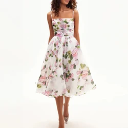 Summer Slash Neck Floral Print Suspender Dress Elegant Sleeveless High Waist Chiffon Dress New Temperament Pleated Evening Dress