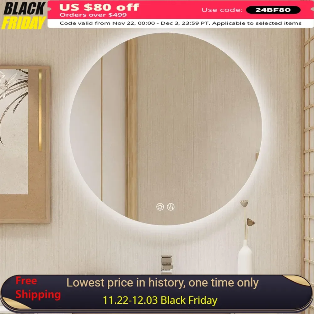

36 Inch Bathroom Mirror, Backlit Anti-Fog Wall Mounted, 3 Colors Light Dimmable Smart Makeup Mirror, Round LED Mirror