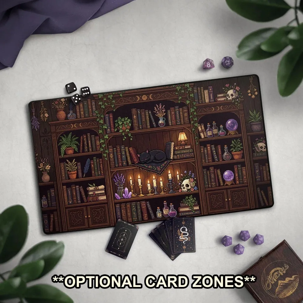 TCG Playmat: Witchy Bookshelf & Cat, Cute Pixel Art Game Mat With EDH Card Zones, Plants And Books, Retro Fantasy