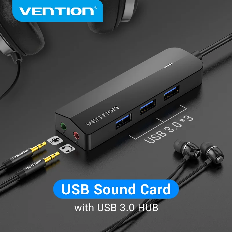 Vention USB Sound Card 2 in 1 External Sound Card USB to 3.5mm	Audio Adapter for Laptop with Headphone Microphone USB 3.0 Hub