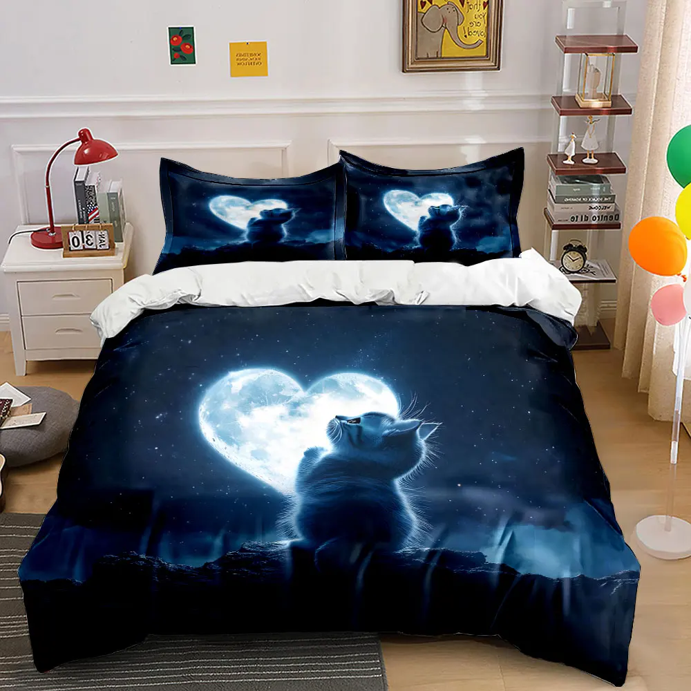 

Cat and Heart-shaped Moon in Night Sky Printed Duvet Cover Set 1 Duvet Cover+2 Pillowcase Multi Size Bedroom Bedding Decor