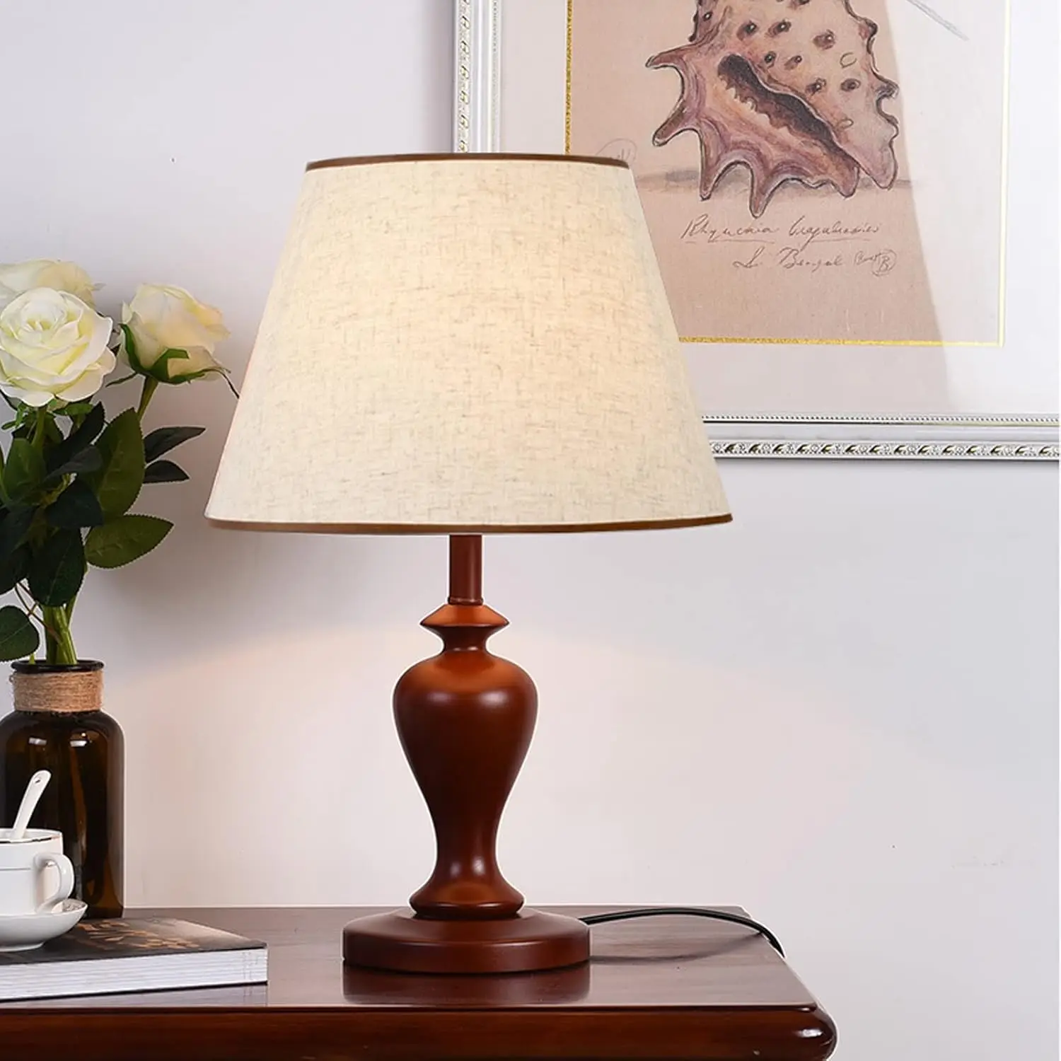 Table Lamp Retro Table Lamps Wooden Bedside Table Lamps With Fabric Lampshade Concise Nightstand Lamps For Home Office Cafe,