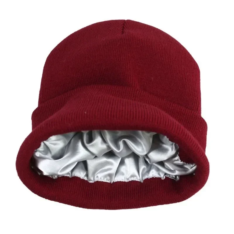 Winter Silk Satin Lined Knit Beanie Hats for Women Chunky Cap Warm Beanie Hat