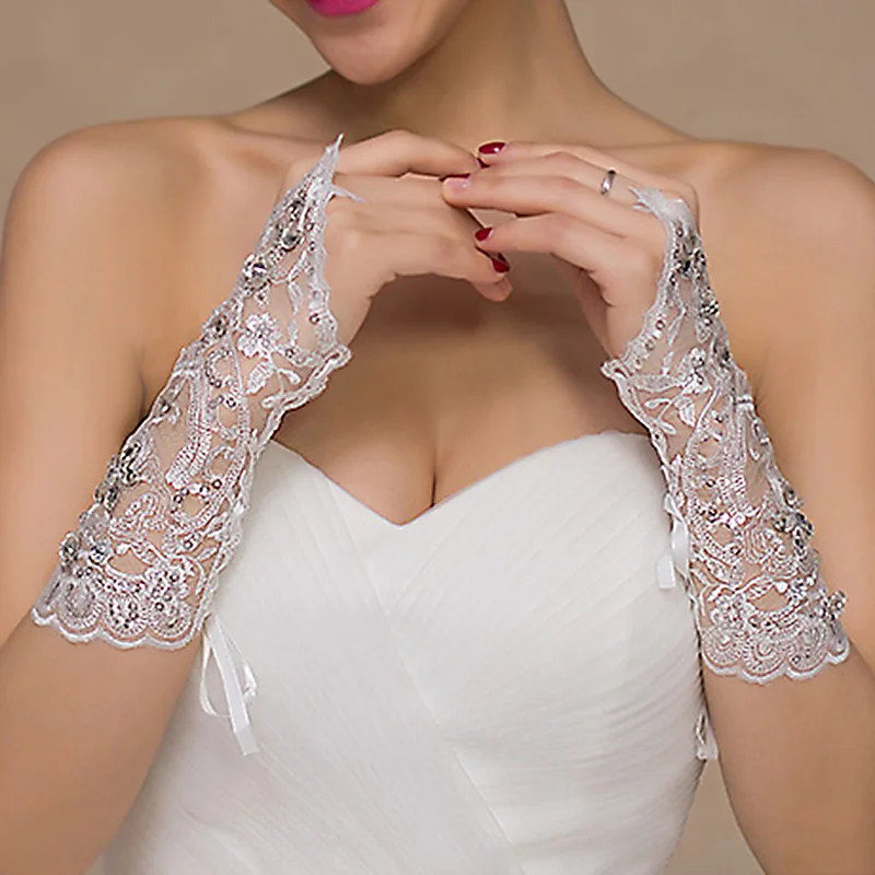 Lace Fingerless Elbow Length Bridal  Gloves with Rhinestone for Women Paragraph White Wedding Accessories