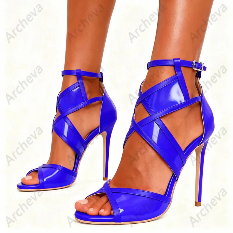 كعب Archeva مصنوع يدويًا من الجلد الأزرق - صنادل بحزام الكاحل مع كعب ستيليتو للسيدات مقاس كبير أمريكي 5-20 #6