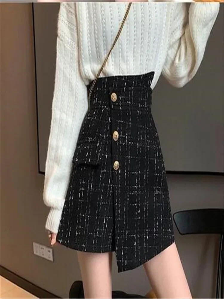 Autumn Winter 2024 Classic Woolen Style Plaid A- Line Sexy Mini Shorts Women 2XL Elegant Irregular High Waist Shorts Skirt Women