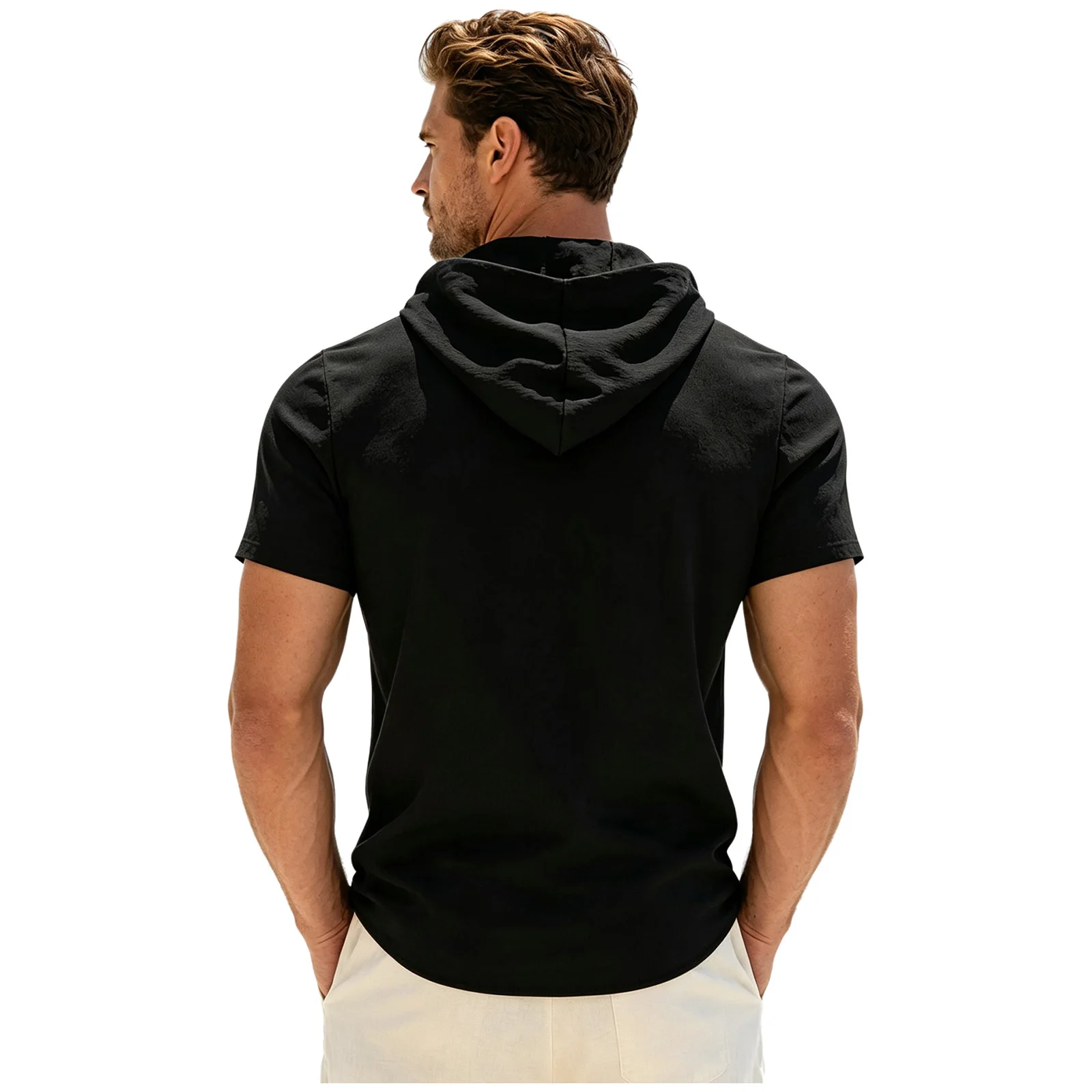 Mens T Shirt Short Sleeve Casual Hooded Button Down Relaxed Fit Textured Cotton Breathable for Work Office Vacation Summer