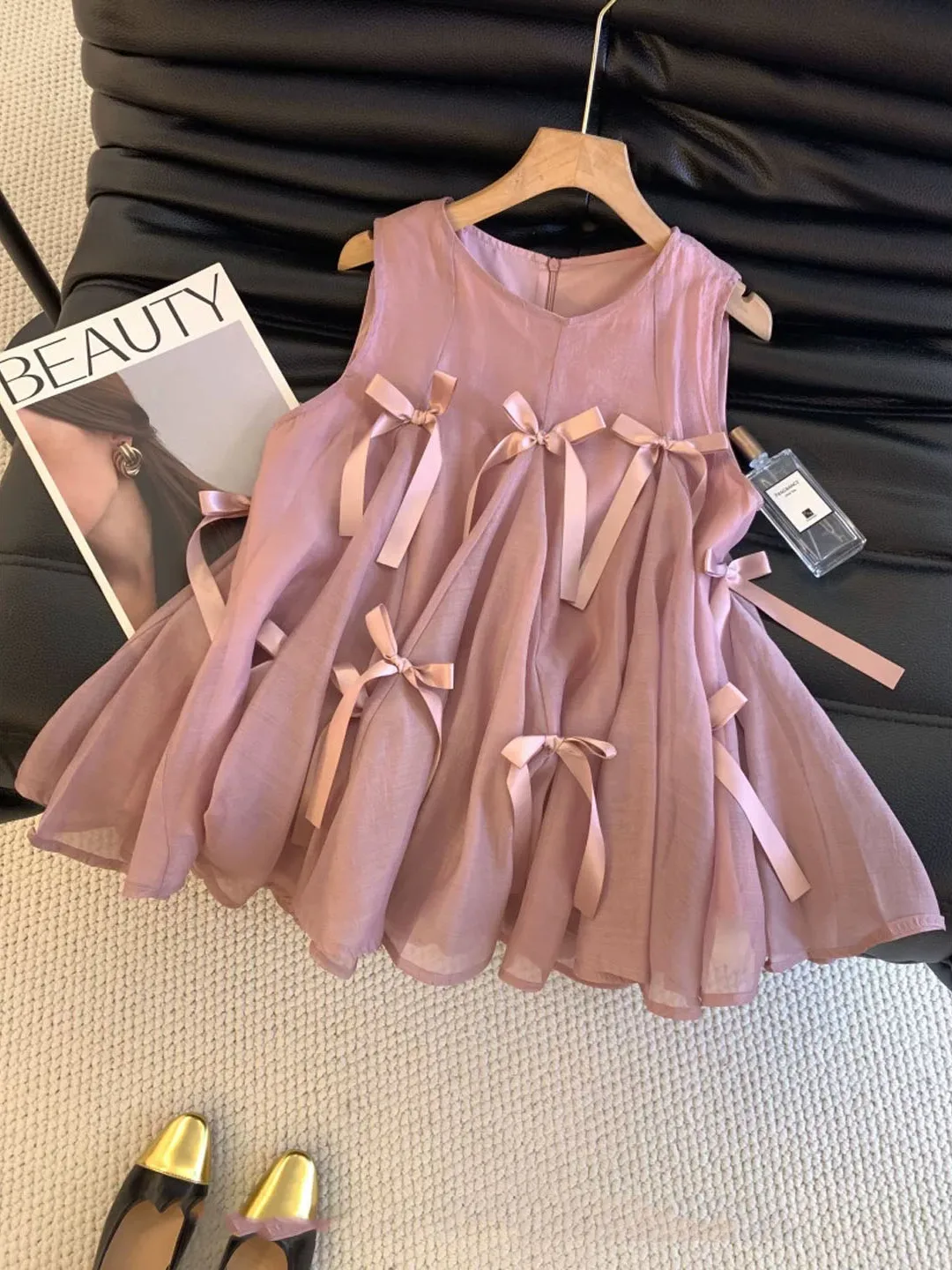 

Pink Knot Vest Shirt Women Summer Belly Covering Chiffon Top Korean Style Loose Fit Commute Style No Sleeve Zipper
