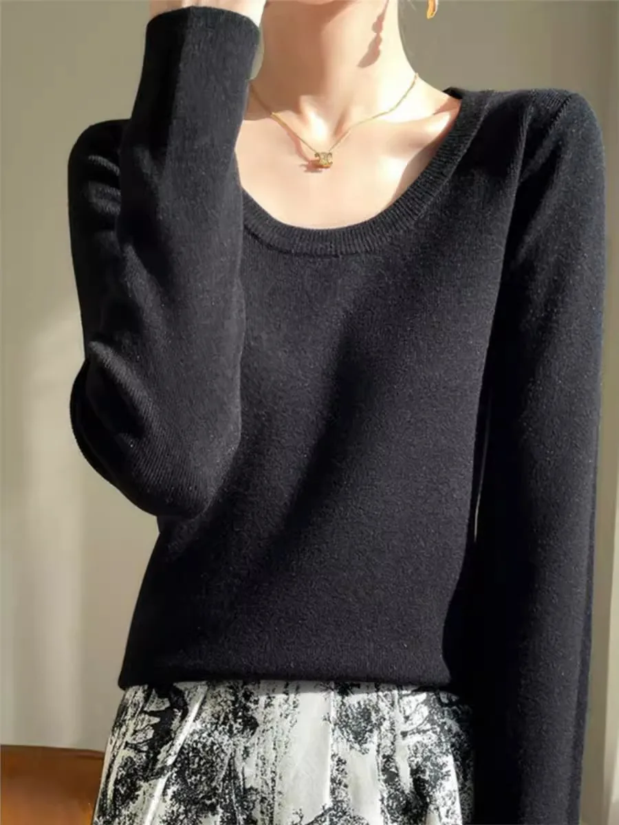 Чистый цвет, круглый Ne Slim Fit Base irt, женский осенний свитер 2024, эластичный сексуальный свитер в рубчик с обнаженной ключицей