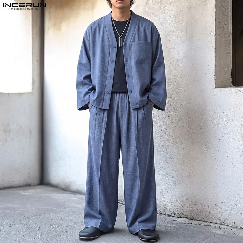 INCERUN Men Sets Solid Color Loose V Neck Long Sleeve Shirt Pants Two Piece Sets Streetwear Casual Tracksuits Men Matching Sets - view 3