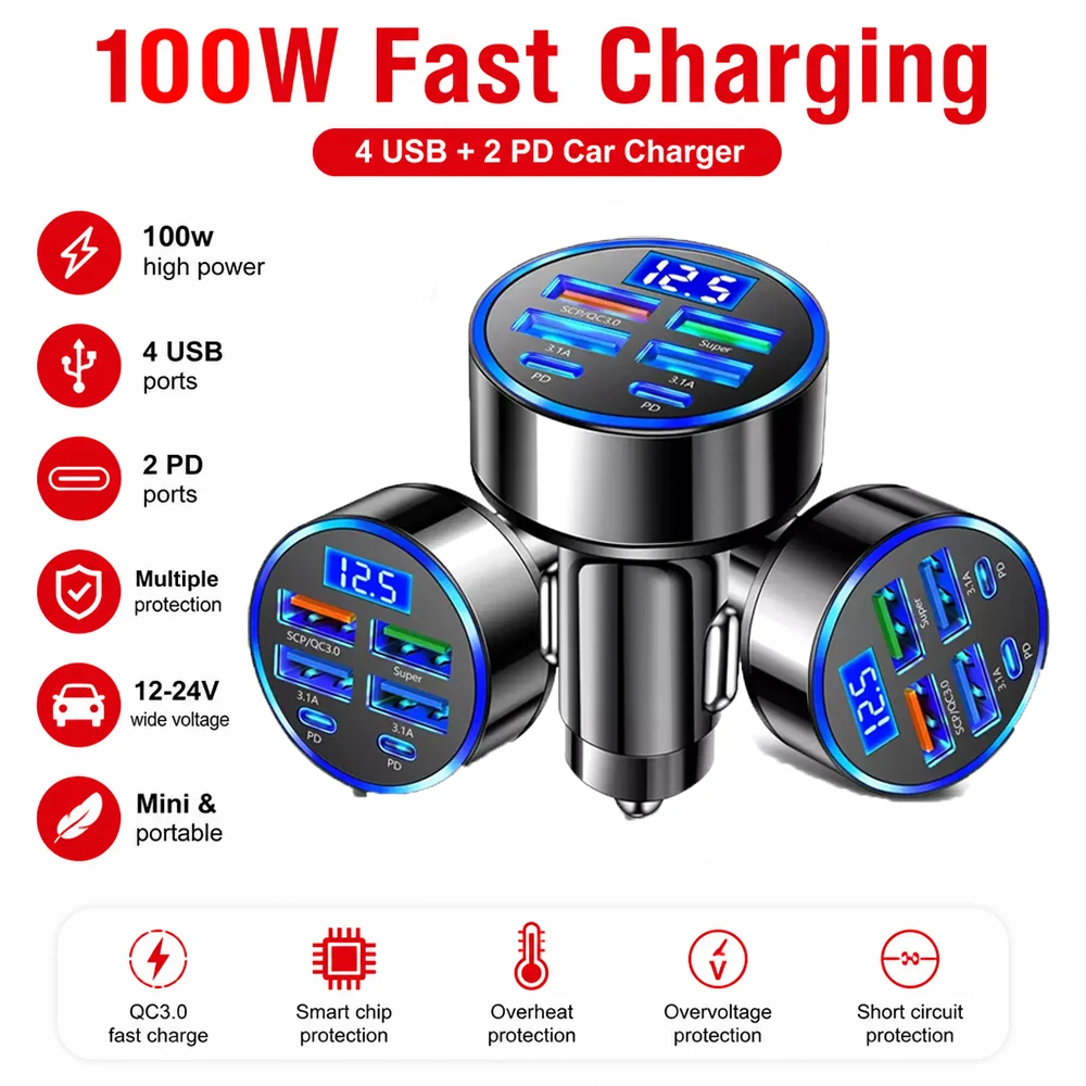 100W 6 Ports Car charger Fast charging PD Qc3.0 USB C Car Phone charger Type C Adapter in Car For iPhone Samsung Huawei Xiaomi