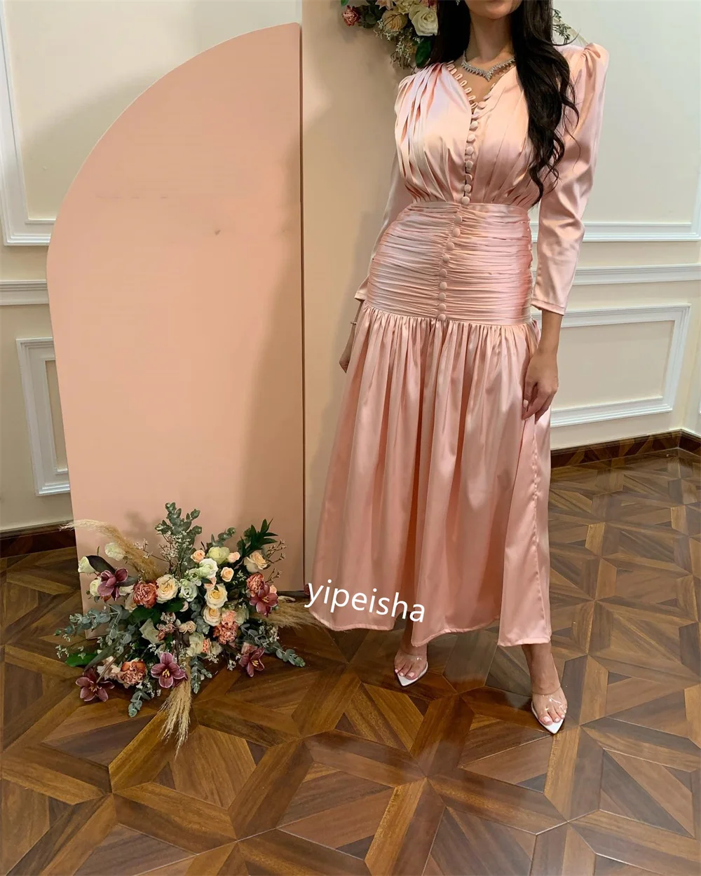 Customized     Satin Button Draped Formal A-line V-neck Bespoke Occasion Gown Midi es Saudi Arabia