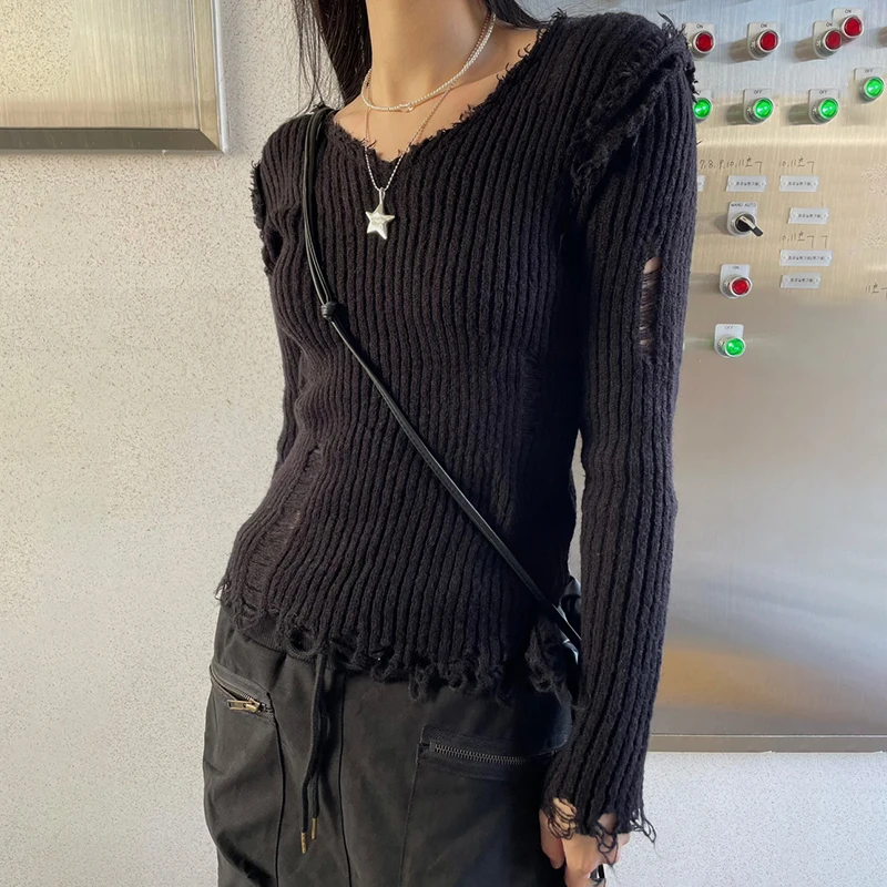 Dark Academia Ripped Out Sweaters 90s Vintage Grunge Y2K Mall Goth Jumpers Korean Harajuku Slim Fit Cropped Pullovers Chic Retro