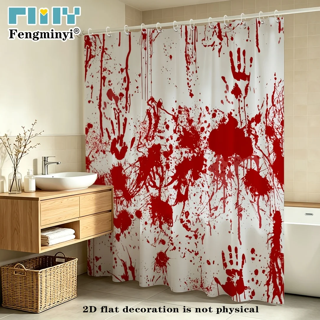 2D Flat, 2D Flat Shower Curtain 1pc, Bloody Hand Shower Curtain Halloween Theme Help Me Horror Decor Bathroom Curtain Set with 1