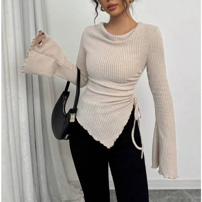 

2026 Spring New Product Irregular Hem Horn Sleeve Drawstring Design Sense Strap Slim Sleeve