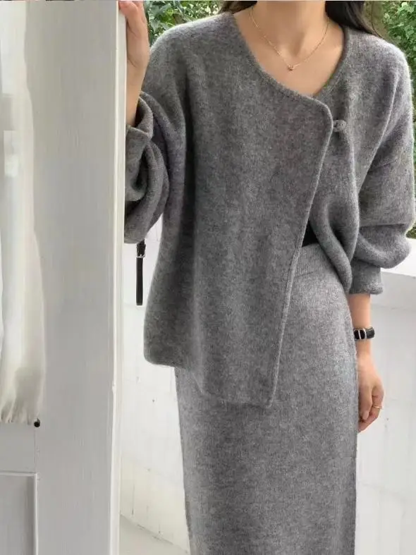 Women's Loose Knitted Open Cardigan Jacket High Waist Side Slit Straight Leg Bodycon Skirt Set Cotton Fashion Autumn Wear