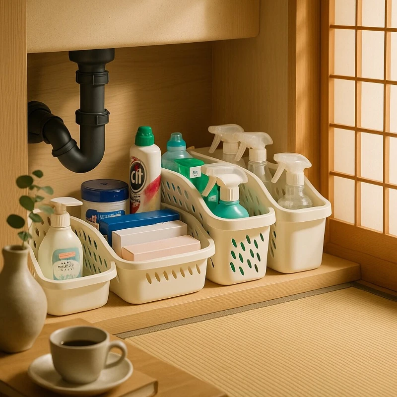 

Sleek Kitchen Storage Rack, Under-Sink Pull-Out Organizer for Kitchenware and Spices, Durable Plastic Storage Basket