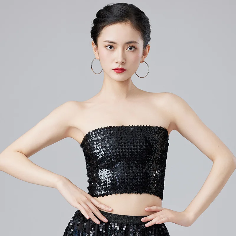 Sexy Gouden Pailletten Strapless Chic Crop Top Vrouwen Glanzende Stretch Party Clubwear Pailletten Tube Top Bandeau Tank Top Danskostuums