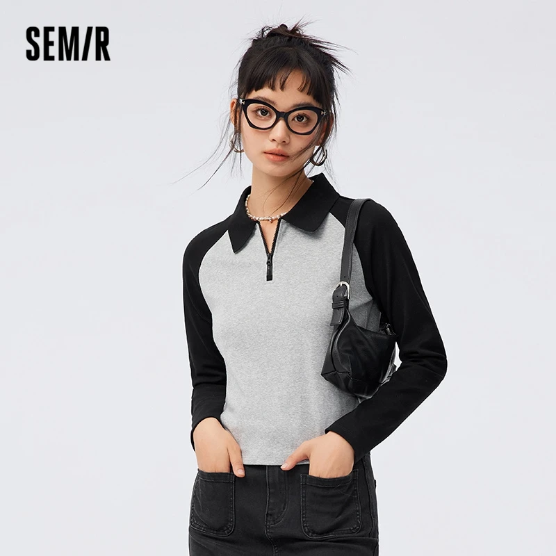 Semir 2023 Women T-shirt Long-sleeved Tight-fitting Color Matching Raglan Sleeves New Polo Collar Autumn Clothing for Women