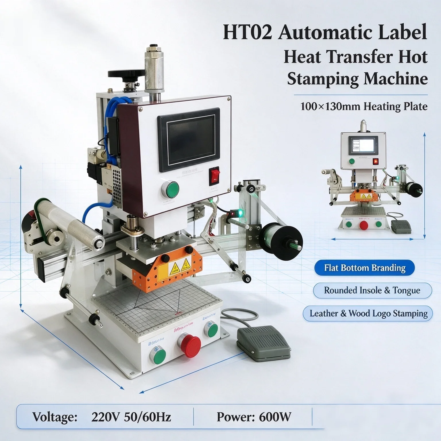 HT02 Automatic Label Heat Transfer Hot Stamping Machine, for Flat/Rounded Insole, Shoe Tongue, Leather & Wood Logo Branding