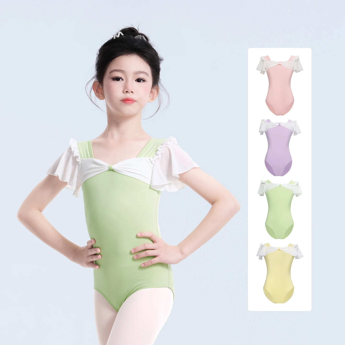 

Детские балетные купальники для девочек с бантом, танцевальные боди для подростков, мягкие гимнастические купальники с пышными рукавами