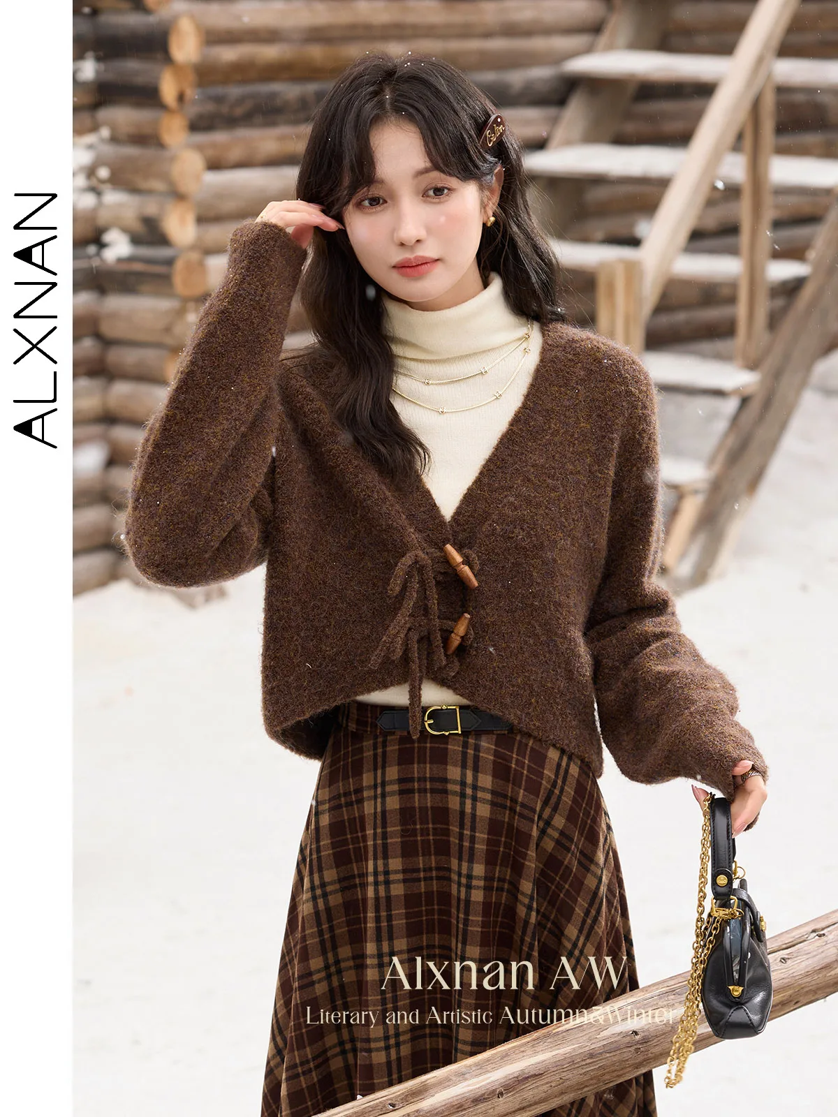 

ALXNAN Women V-neck Sweaters Dark Coffee Wooden Buttons Long Sleeve Cropped Cardigan Winter Warm Knit Top Sold Separately L52536