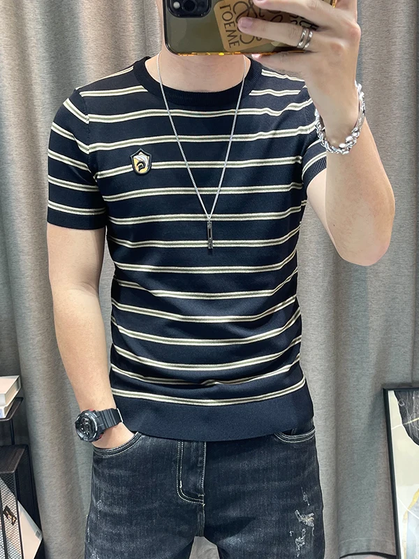 

Slim Fit Men's ort Sve Knitted Sweater Stripe Pattern Casual Sle Elastic Body irt Trendy Top Comfortable Spring Autumn