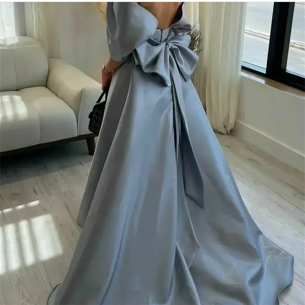 Customized Vintage Long Light Blue Evening Dresses With Bow High Low Off Shoulder Formal Party Dress For Women Exquisite High Q