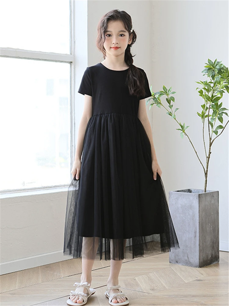 プリンセススタイル半袖メッシュスカートワンピース-女の子用-夏新作-子供服-綿混素材-高品質-ブラックワンピース-大きな女の子向け