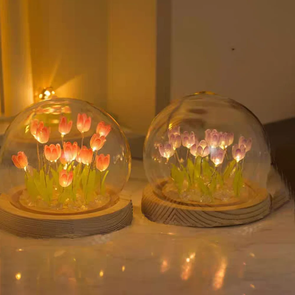 LED Nightlight DIY Material 10PCS Beautiful Tulip Flowers Nightlight Wooden Base And Dome Glass Handmade Gift Battery Operated