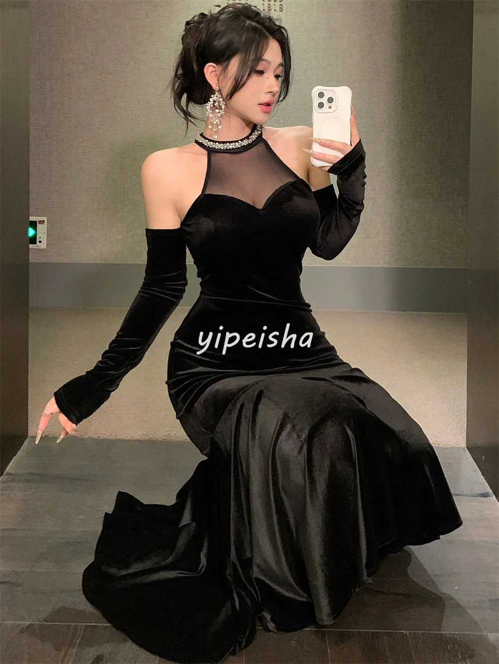 Abiti da cerimonia lunghi su misura con collo alto a sirena classica in velluto con strass di alta qualità personalizzati Abiti da cerimonia su misura Moda sexy