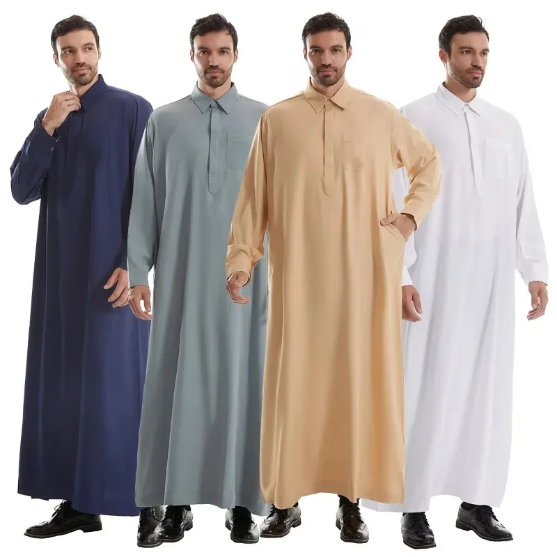 

Мужское длинное платье-рубашка Jubba Thobe, мусульманское платье-рубашка Eid 2024, Рамадан, халат с лацканами, Саудовская Мусульманская одежда, Абая, кафтан, Дубай, арабское платье