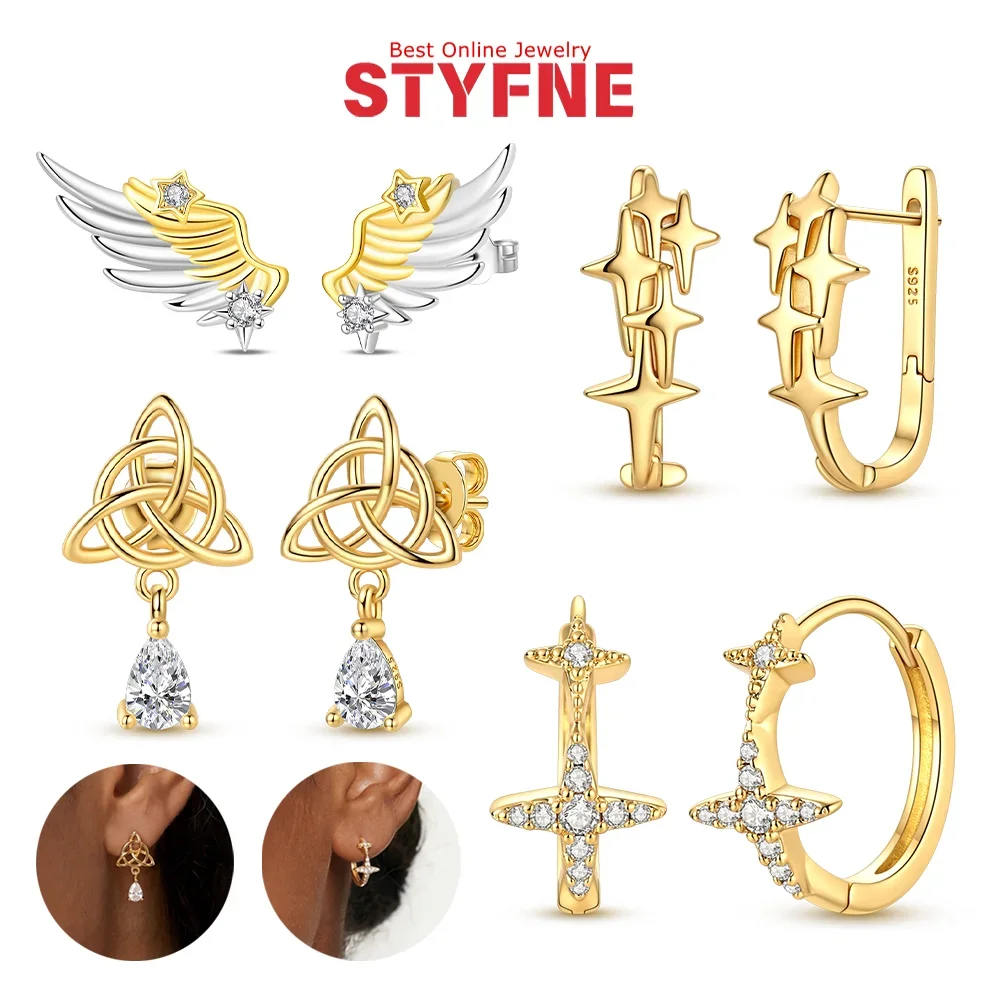 925 Silver Four Pointed Star Hoop Earrings Inlaid Zircon Two Tone Gold Silver Celtic Knot Angel Wing Ear Fashion Jewelry Gift