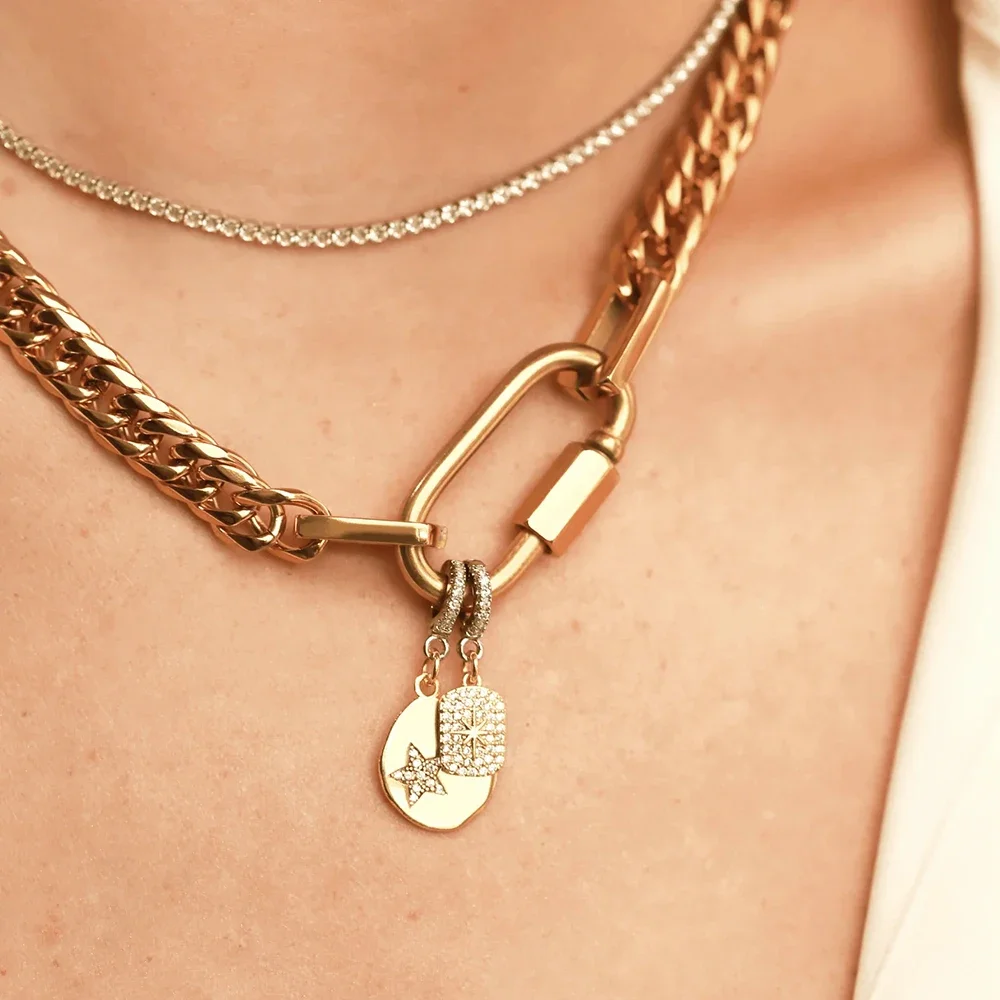 Waterproof Jewelry Tarnish Free 18K Gold Plated Stainless Steel Two Tone Chunky Charm Necklace for Women Cuban Chains Choker
