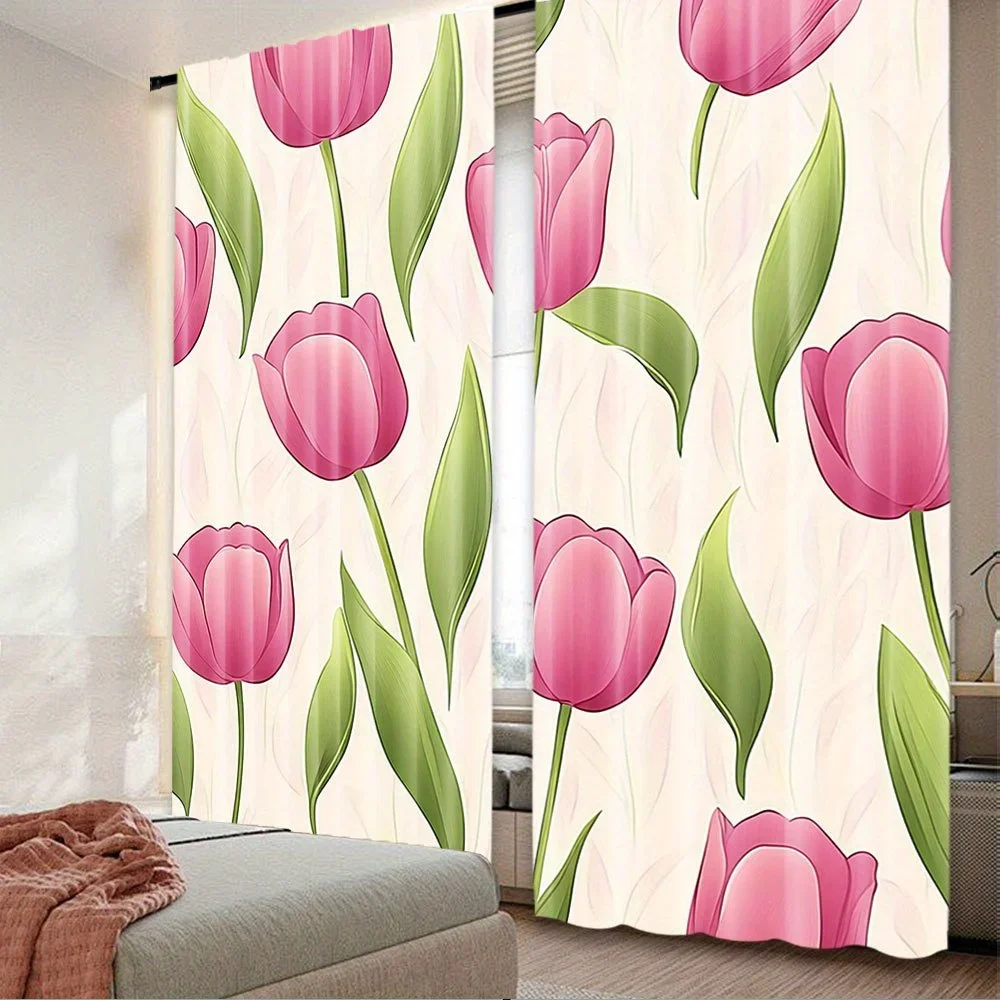 Elegant Pink Tulip Floral Print Curtain Panels for Living Room Home Decor Window Treatment