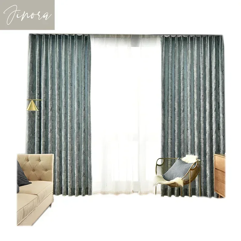 

Chinese Jacquard Green Curtains for Living Room Bedroom Blackout Chenille Window Curtain Pastoral Pattern Double Side Custom