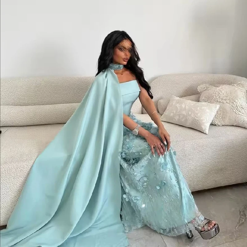 

Detachable Shawl Customized Prom Dresses 2025 Sky Blue Strapless Sheath Party Dresses 3D Flower Beading Evening Dresses