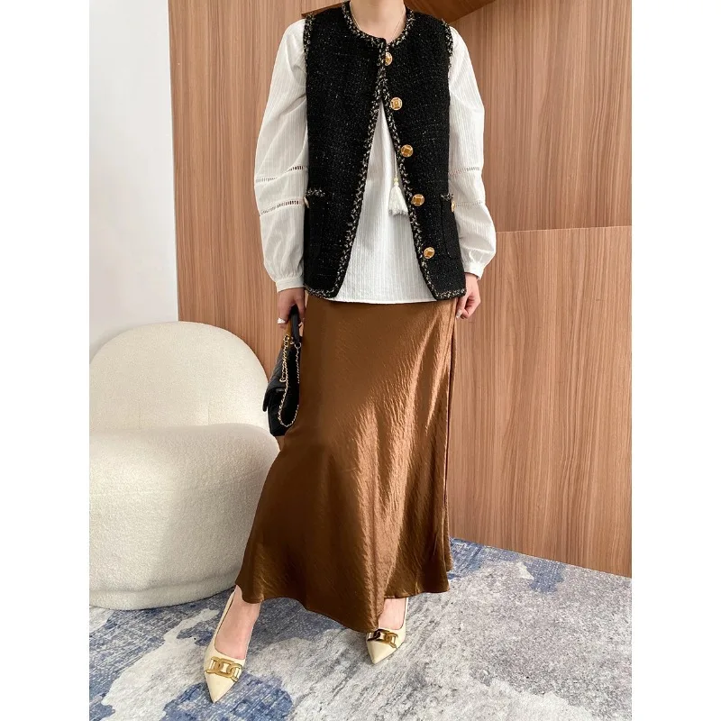 Rokken Vrouwen Lange Rok Een Lijn Slim Fit Feest Satijn Nacht Avond Sexy Hoge Taille Elegante Splice Y2k Streetwear Werk 2025, Herfst